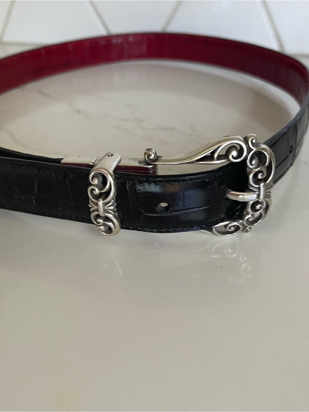 Brighton Black Leather Belt with Red Lining and Silver Scroll Buckle